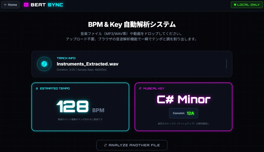 BPMとKey、そしてCamelot Wheelが大きく表示されている解析結果画面の解説