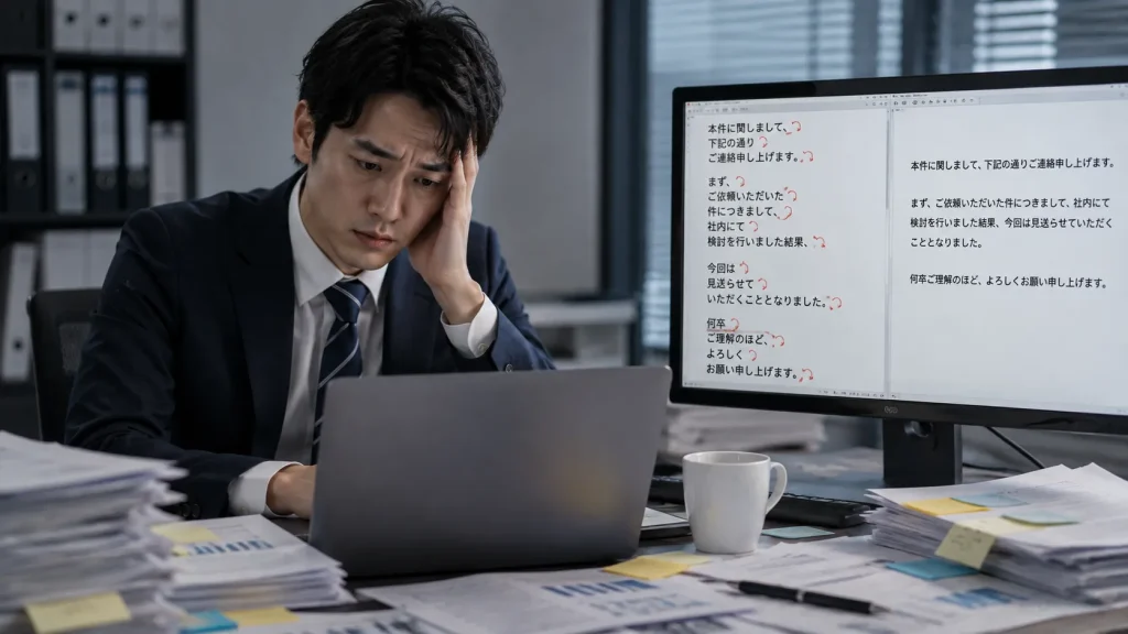 PDFからコピーした文章に変な改行が入っていて、手作業で直して疲弊しているビジネスパーソンの様子