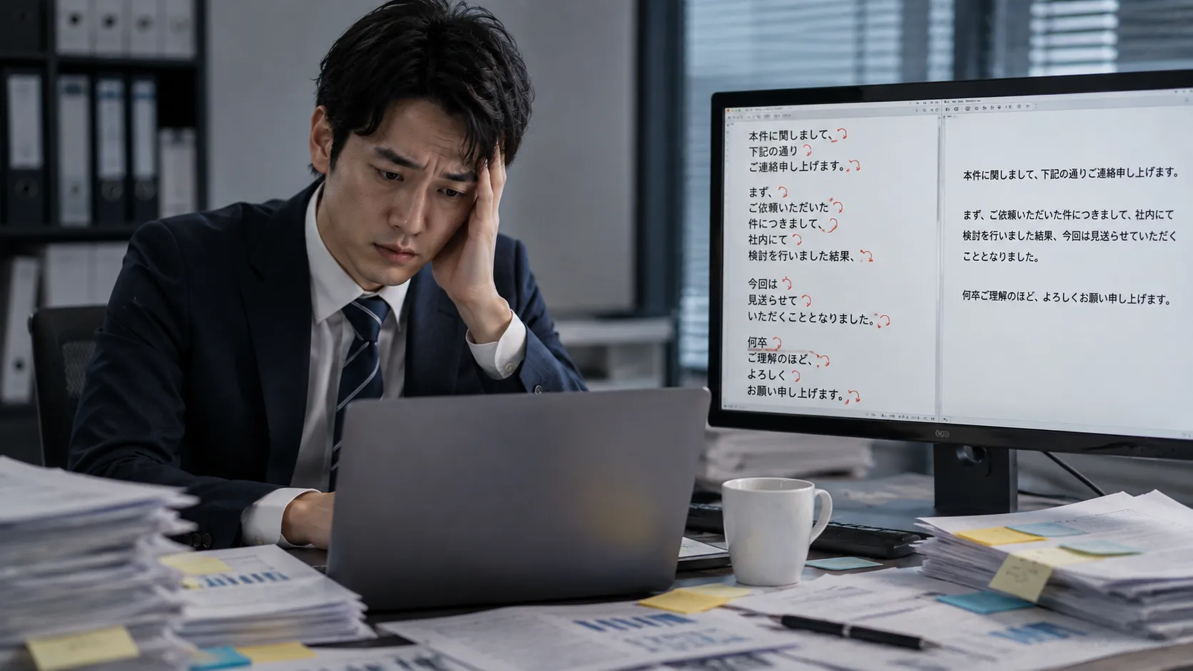 PDFからコピーした文章に変な改行が入っていて、手作業で直して疲弊しているビジネスパーソンの様子