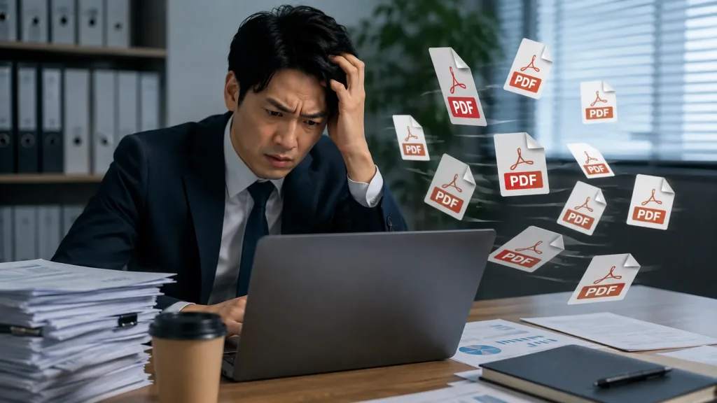 PDFファイルの結合や分割ができず、業務が進まなくて困っているビジネスパーソンの様子