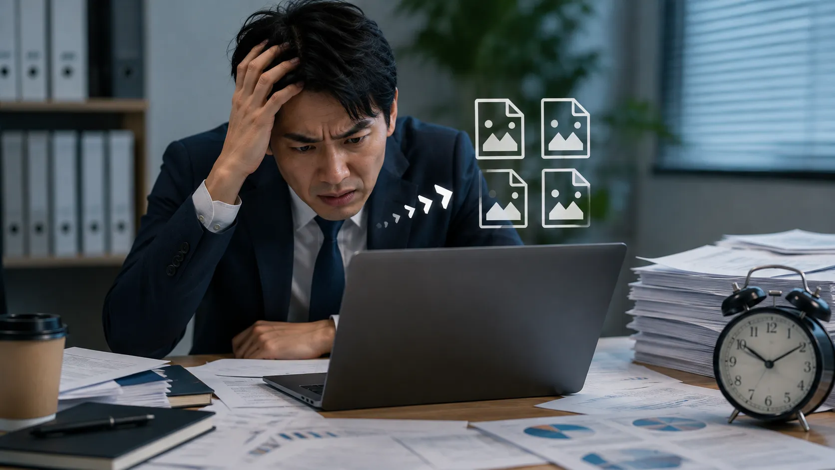 PDFファイルを画像に変換できず、手間と時間に悩んでいるビジネスパーソンの様子