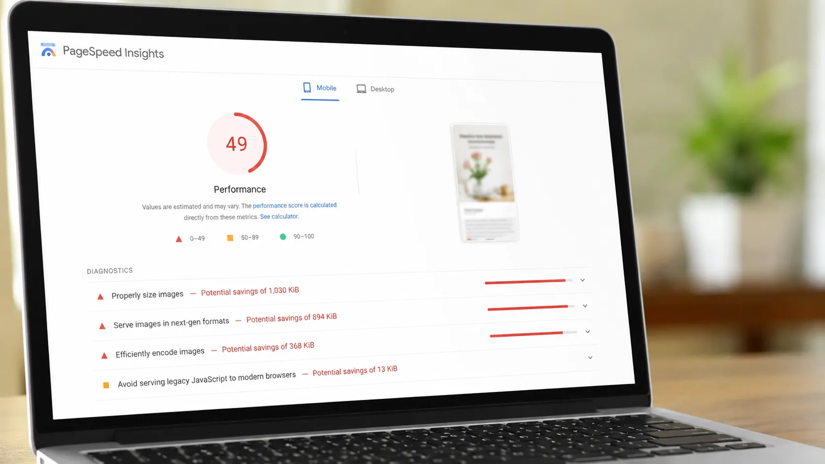PageSpeed Insightsの画像に関する警告画面