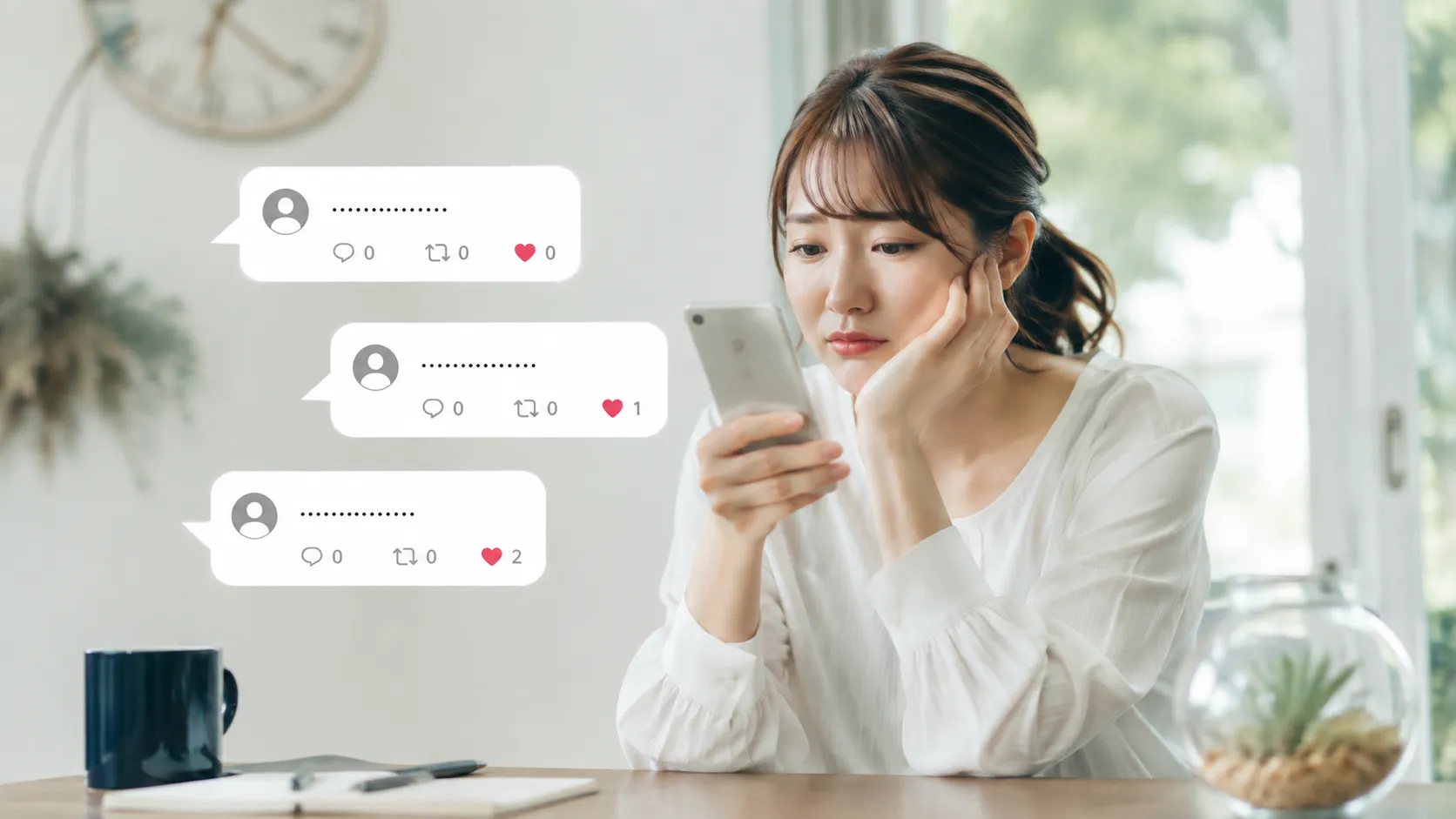 SNSでテキストだけの投稿がスルーされてしまい悩んでいる発信者の様子_min