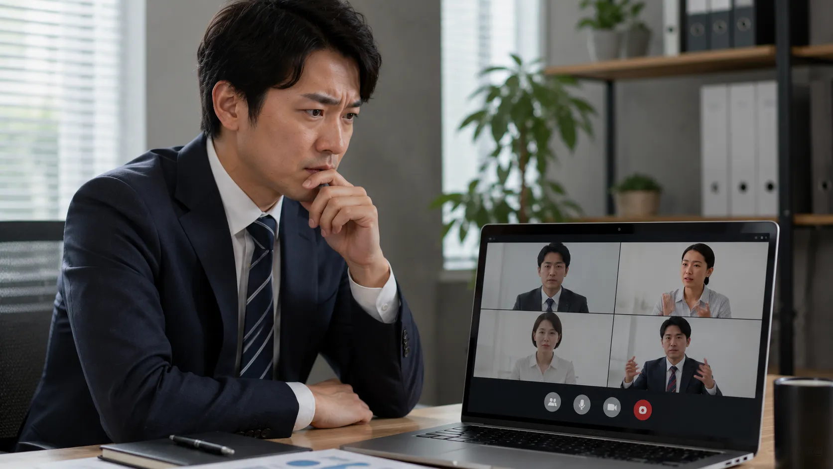Web会議の録画ボタンを押すのを躊躇しているビジネスパーソンの様子
