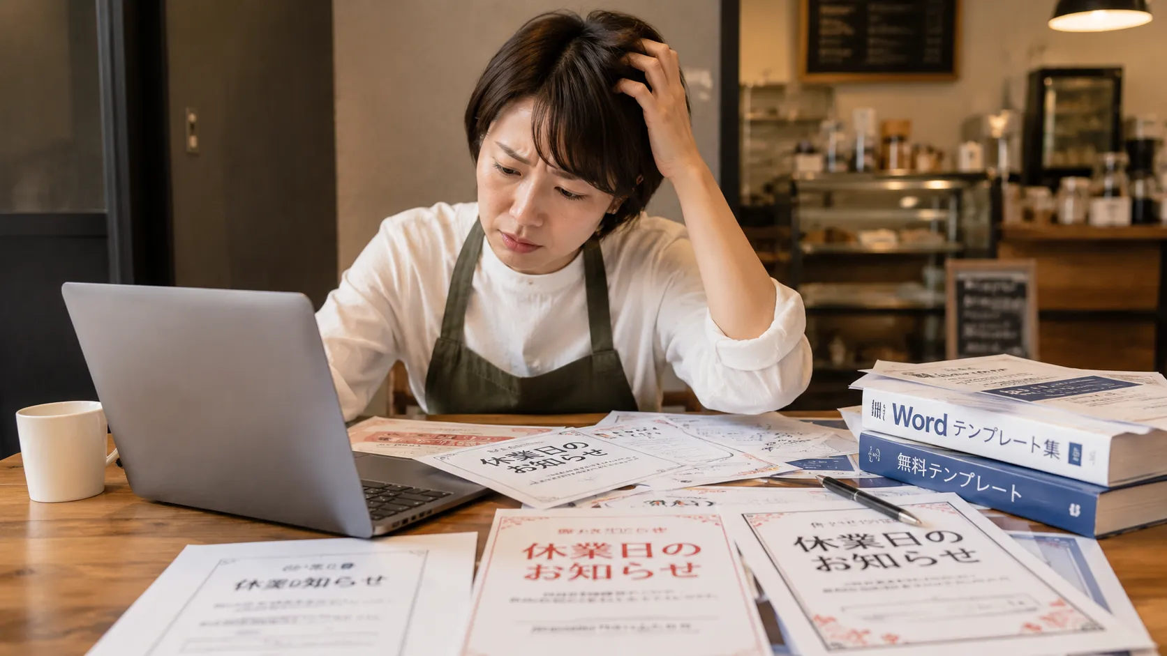 Wordや無料テンプレートを使って休業日ポスターを作るのに手間取っている店長の様子