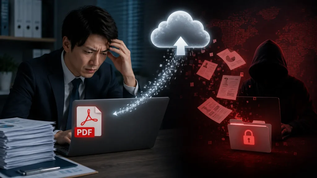 クラウド型のPDF変換ツールに機密書類をアップロードする際の情報漏洩リスクのイメージ