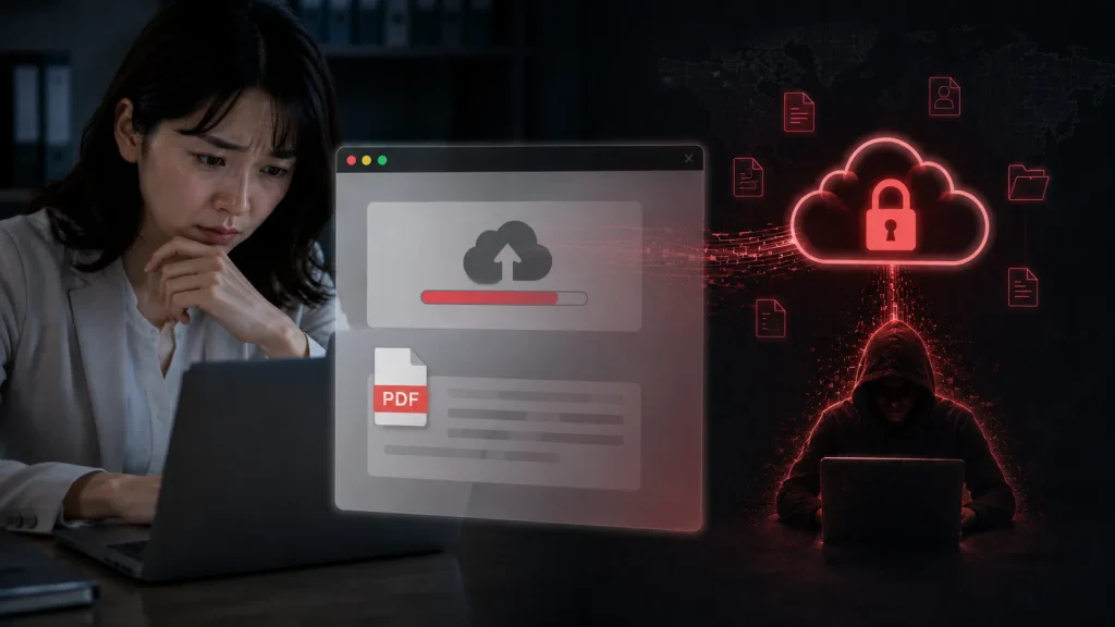 クラウド型のPDF編集ツールに機密書類をアップロードする際の情報漏洩リスクのイメージ