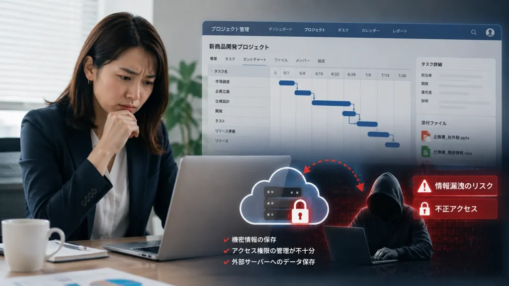 クラウド型のプロジェクト管理ツールに機密のスケジュールを入力する際の情報漏洩リスクのイメージ
