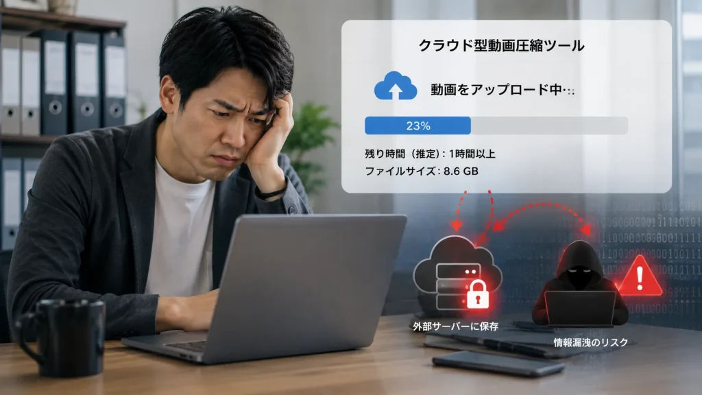 クラウド型の動画圧縮ツールに大容量の動画をアップロードする際の待ち時間と情報漏洩リスクのイメージ