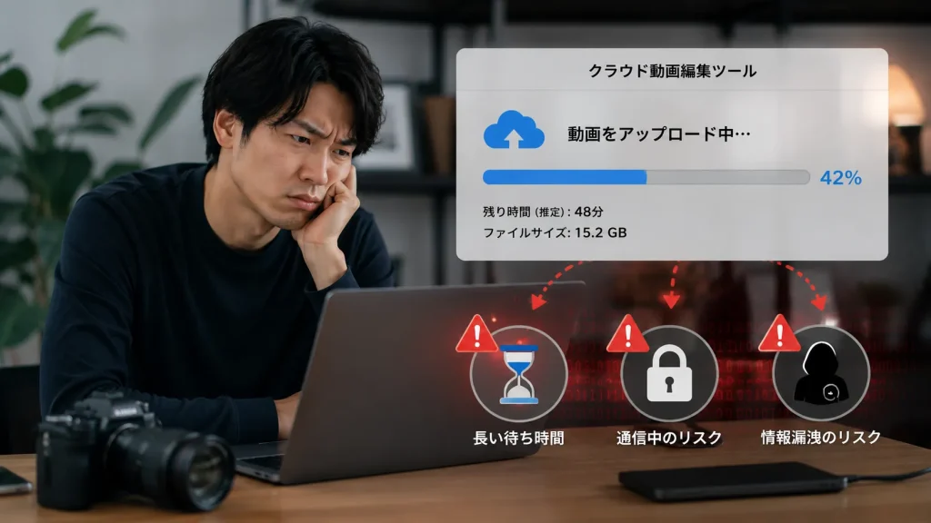 クラウド型の動画編集ツールに大容量の動画をアップロードする際の待ち時間とリスクのイメージ
