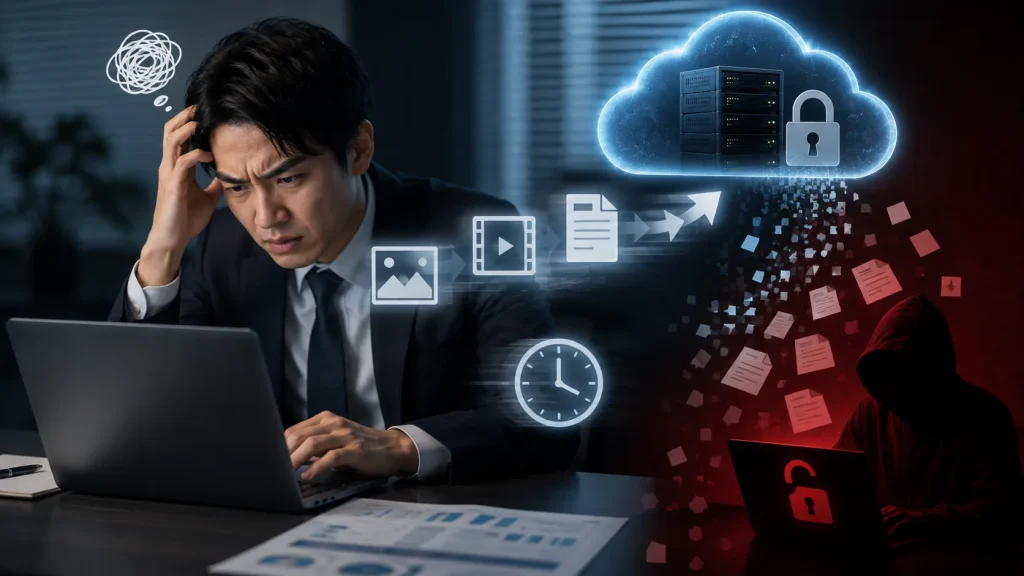 クラウド型の文字起こしツールに潜む情報漏洩リスクと手間のイメージ