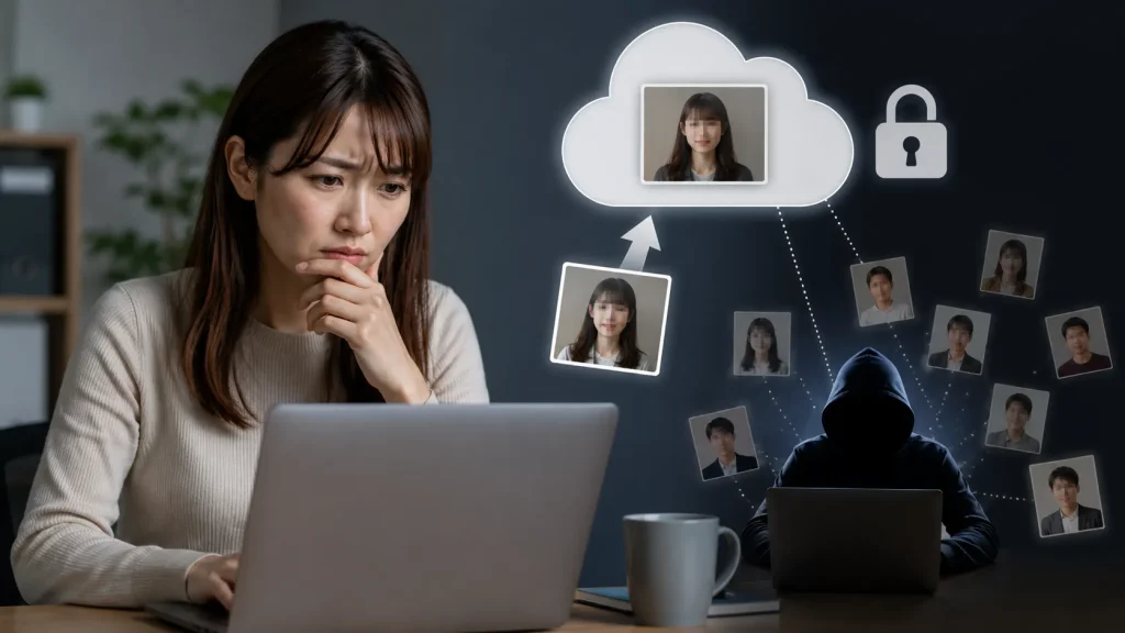 クラウド型の画像加工サイトに他人の顔写真をアップロードする際のプライバシーリスクのイメージ