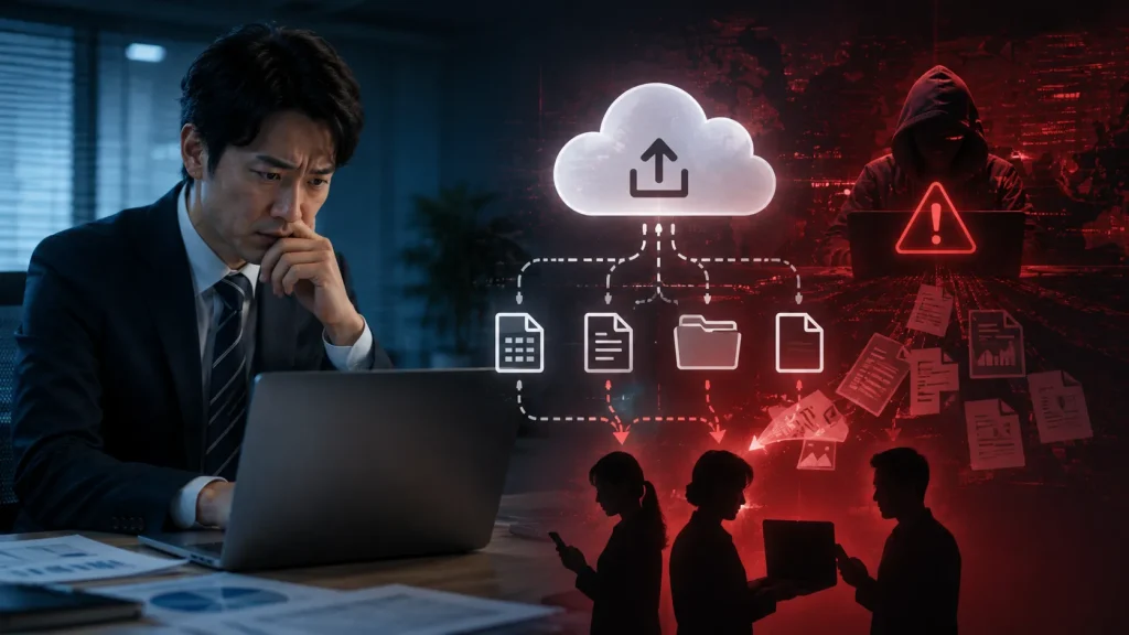 クラウド型ファイル転送サービスに潜む情報漏洩リスクを示すイメージ