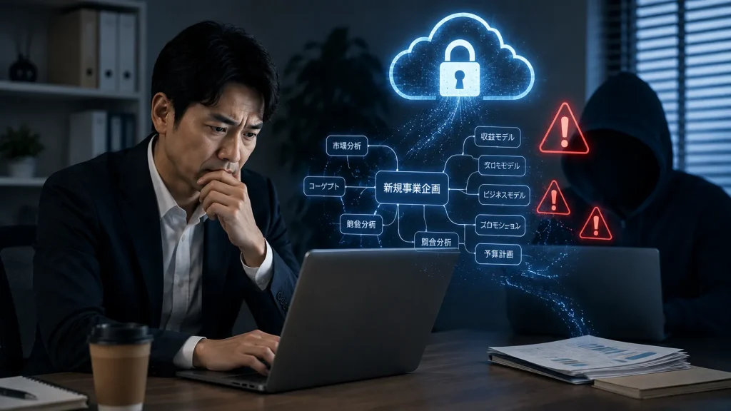 クラウド型マインドマップに機密の企画内容を入力する際の情報漏洩リスクのイメージ