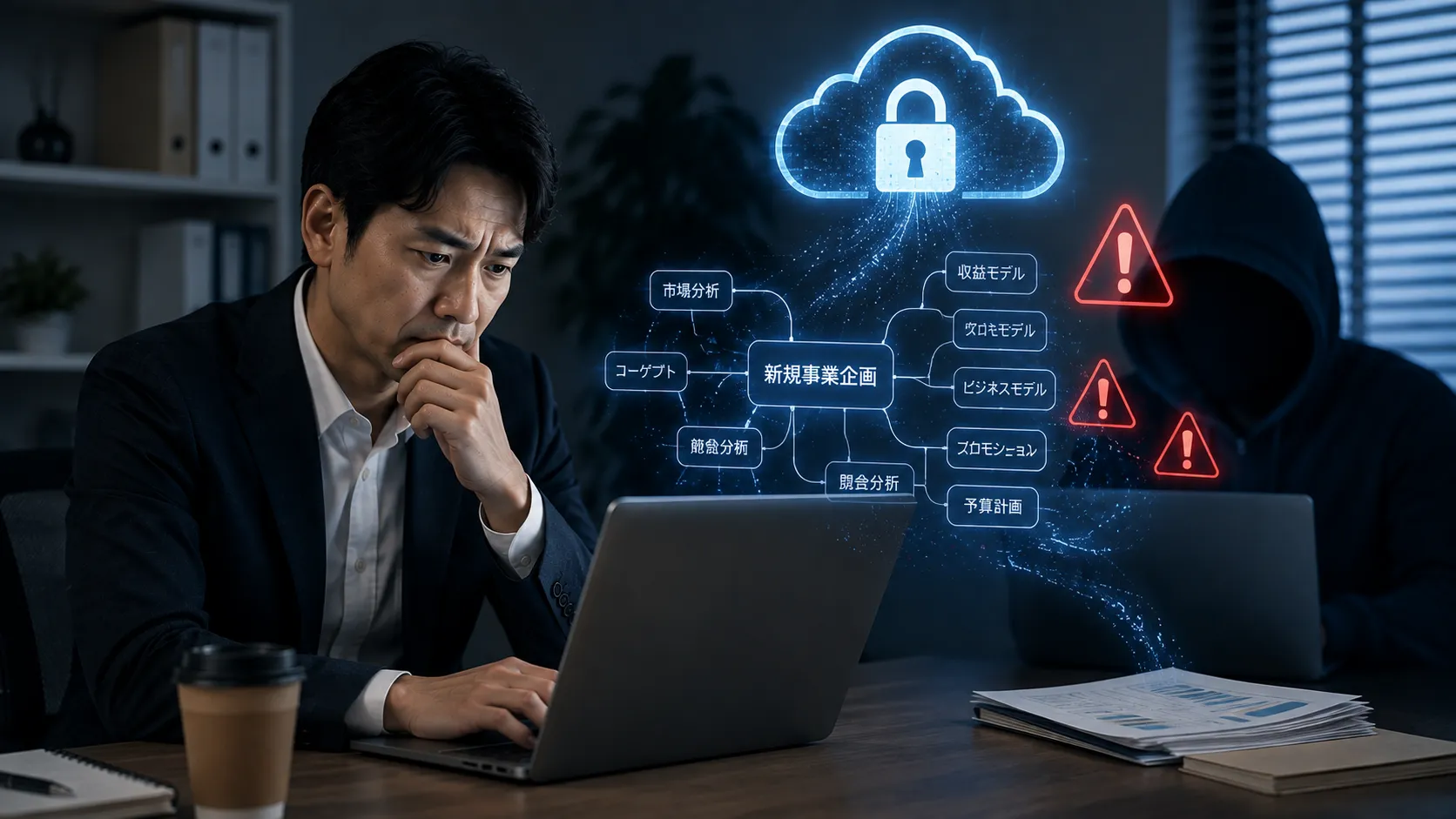 クラウド型マインドマップに機密の企画内容を入力する際の情報漏洩リスクのイメージ