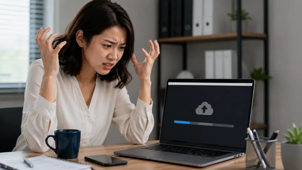 クラウド変換ツールへの重い動画のアップロード待ち時間にイライラする様子