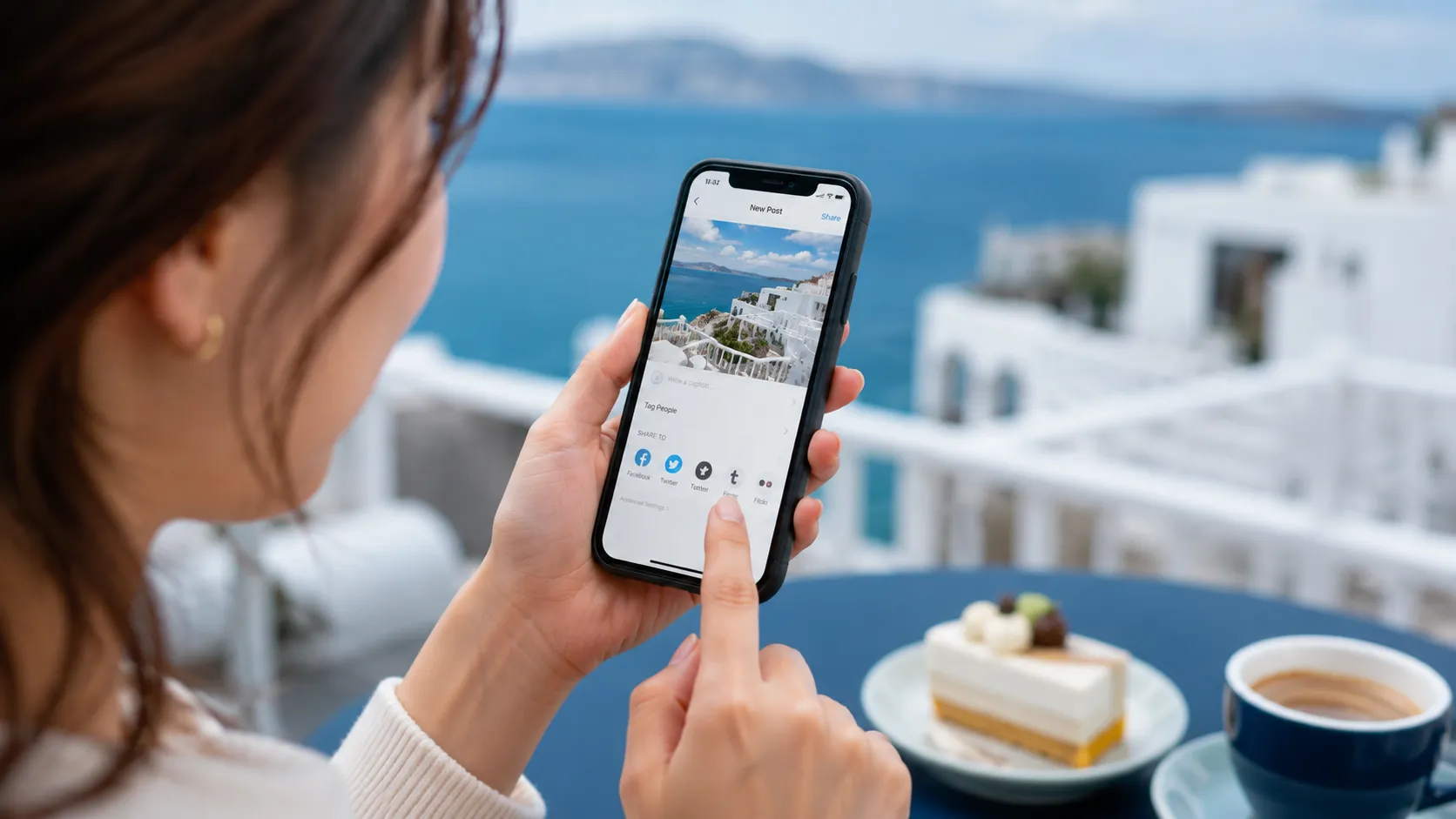 スマホで撮影した写真をSNSにアップロードする様子