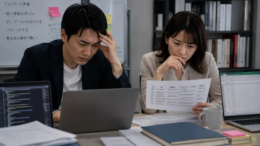 テストデータ作りに苦労し、本番データを使えずに悩んでいるエンジニアや営業担当者の様子