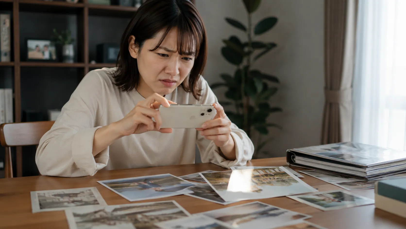プリント写真をスマホで撮影しようとしているが、斜めに歪んで光が反射して困っている人の様子