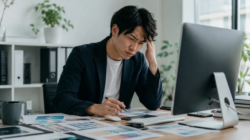 プレゼン資料やWebデザインの背景素材探しに時間がかかって悩んでいるビジネスパーソンの様子