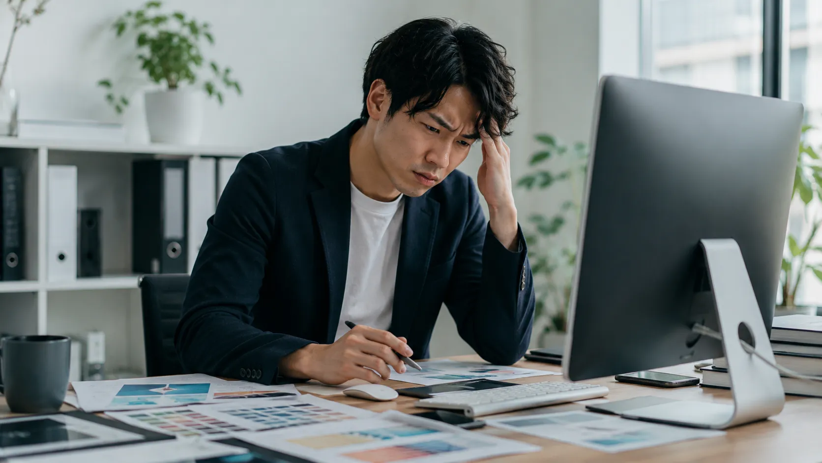 プレゼン資料やWebデザインの背景素材探しに時間がかかって悩んでいるビジネスパーソンの様子