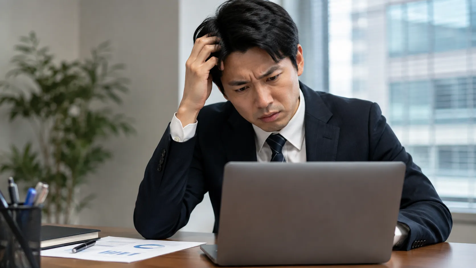 会議の音声データを編集したいが、ソフトがなくて困っているビジネスパーソンの様子