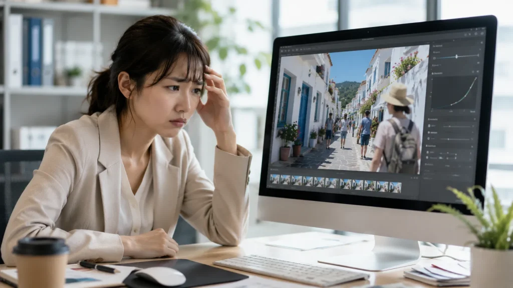 写真に写り込んだ不要なものを消したくて悩んでいるWeb担当者の様子