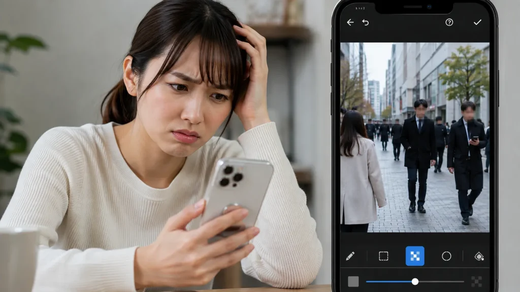 写真に写り込んだ通行人の顔を隠す作業に手間取っているスマホユーザーの様子