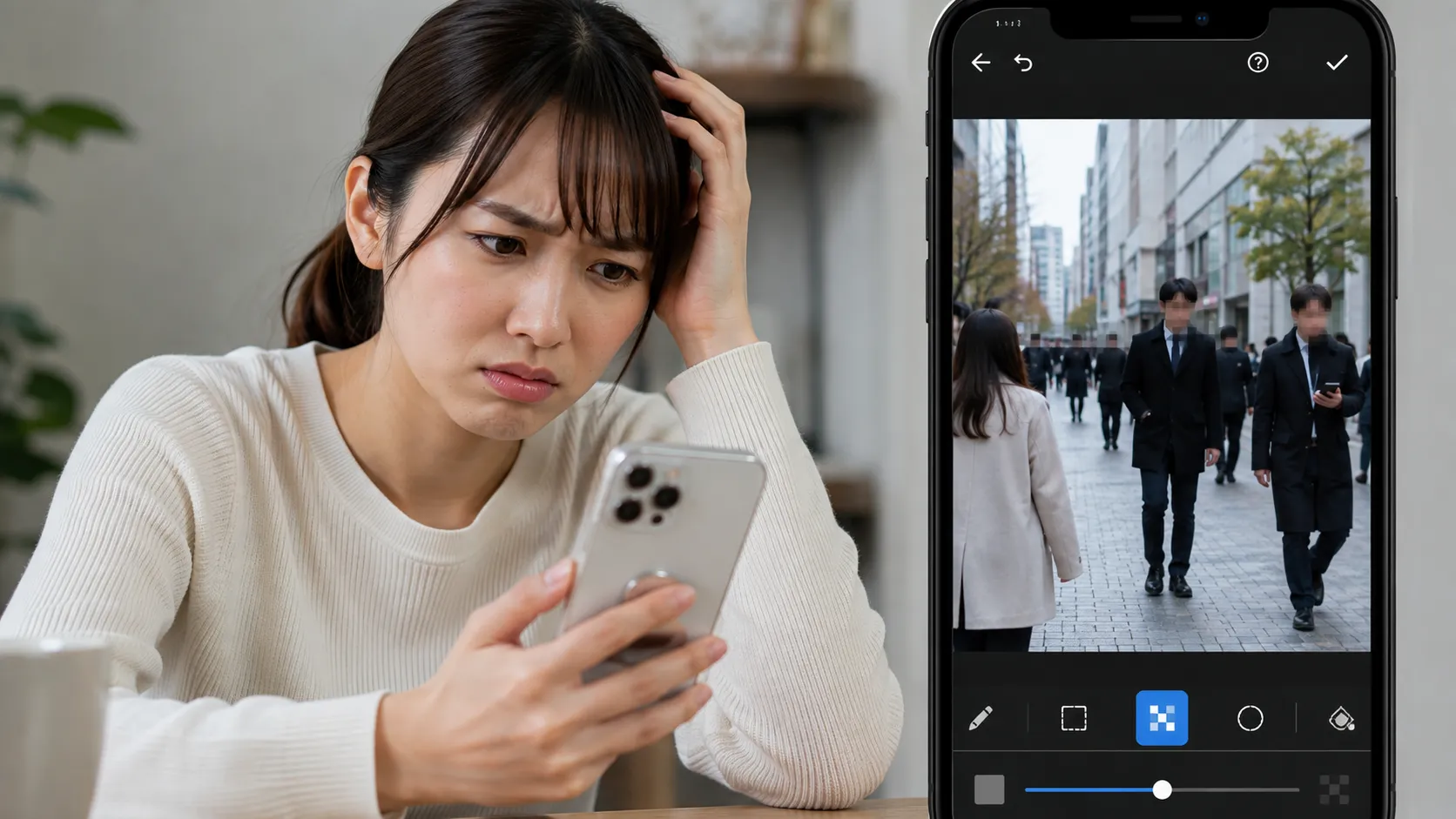 写真に写り込んだ通行人の顔を隠す作業に手間取っているスマホユーザーの様子