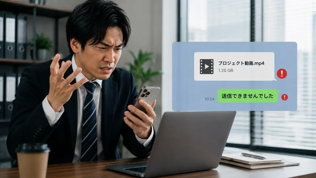 動画のファイルサイズが大きすぎてチャットで送信できず、イライラしているビジネスパーソンの様子
