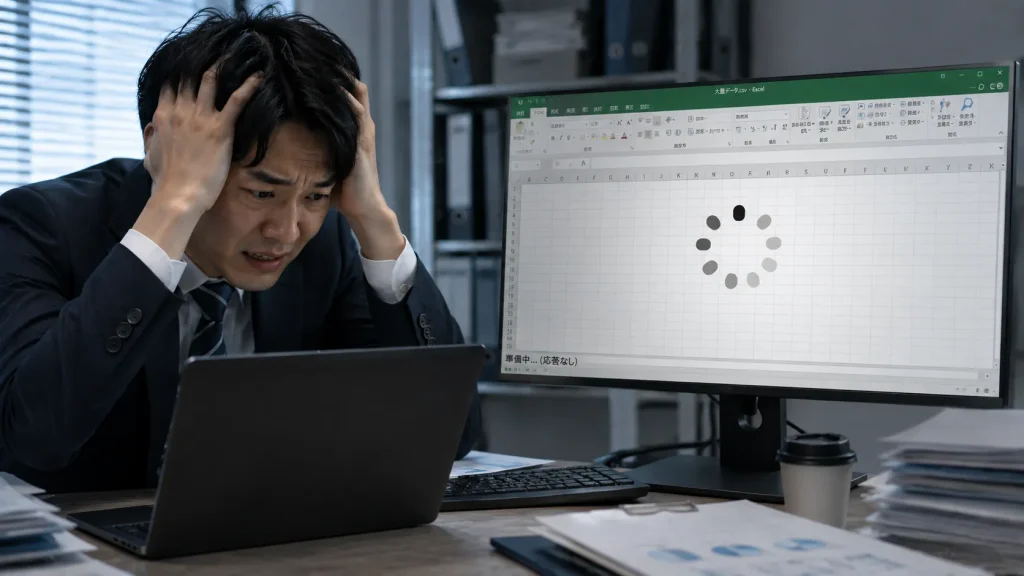 巨大なCSVファイルをExcelで開こうとしてフリーズし、頭を抱えているビジネスパーソンの様子