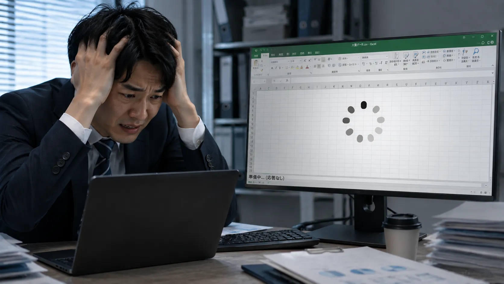 巨大なCSVファイルをExcelで開こうとしてフリーズし、頭を抱えているビジネスパーソンの様子