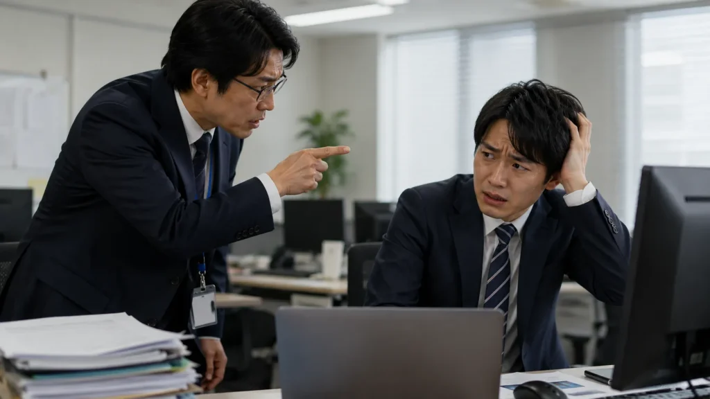 情シスから怒られて焦っている会社員の様子