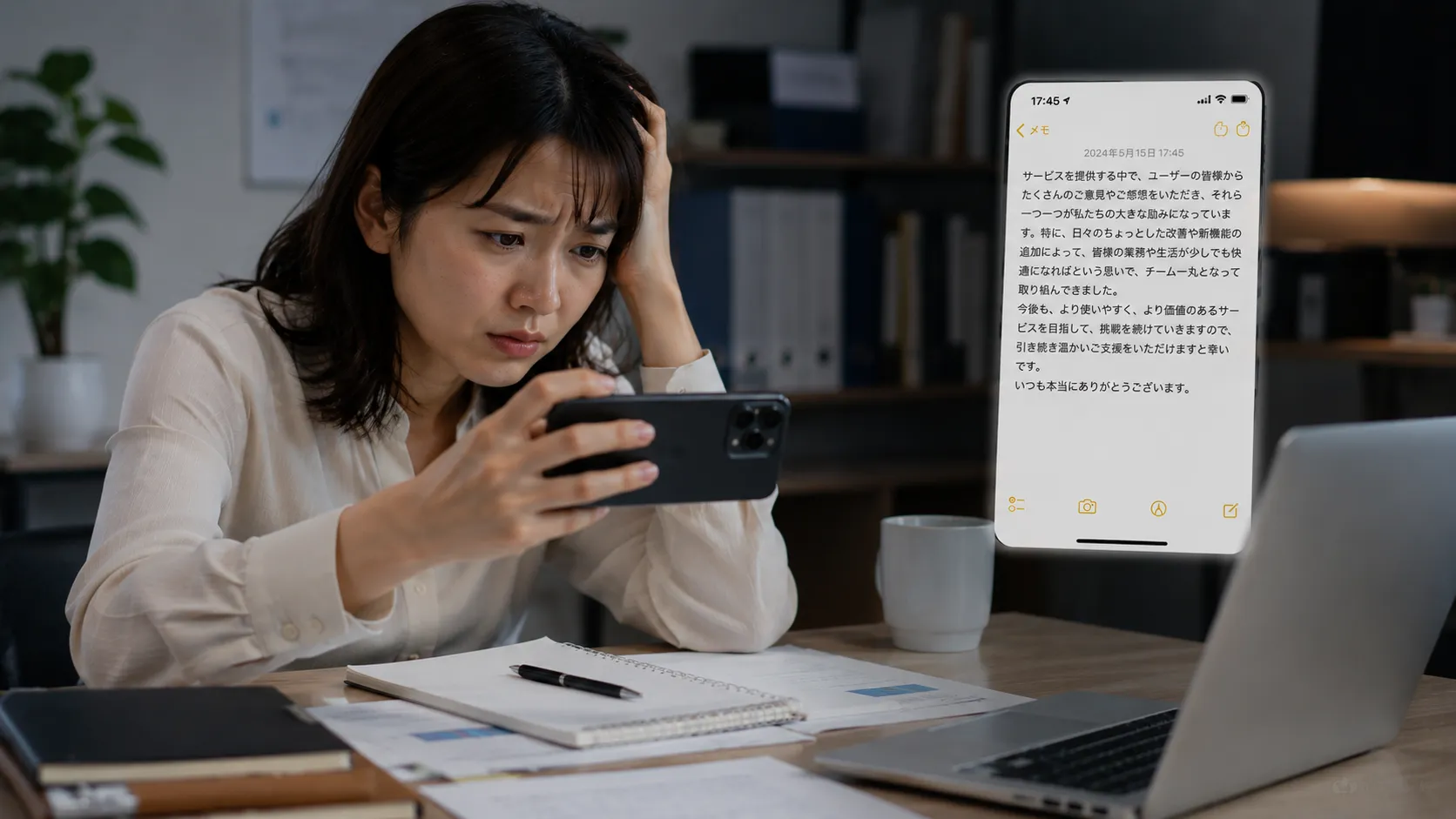 文字数制限に引っかかって、仕方なくiPhoneのメモ帳をスクショしている様子