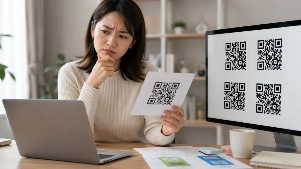 普通の白黒QRコードのデザインに不満を持ち、安全な作成ツールを探している人の様子
