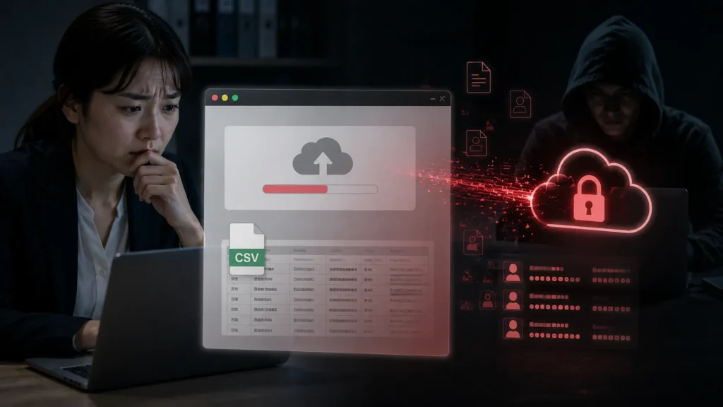 無料のCSVツールに顧客リストをアップロードする際の情報漏洩リスクのイメージ
