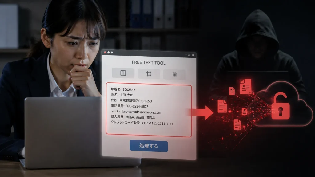 無料のテキスト処理ツールに顧客情報を貼り付ける際の情報漏洩リスクのイメージ