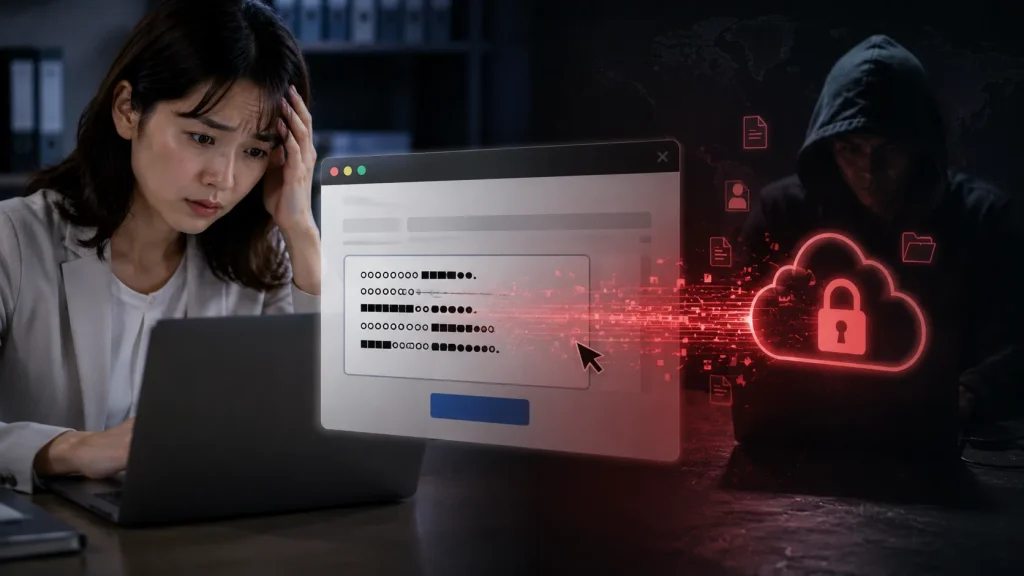 無料の文字数カウントサイトに機密情報を貼り付ける際の情報漏洩リスクのイメージ