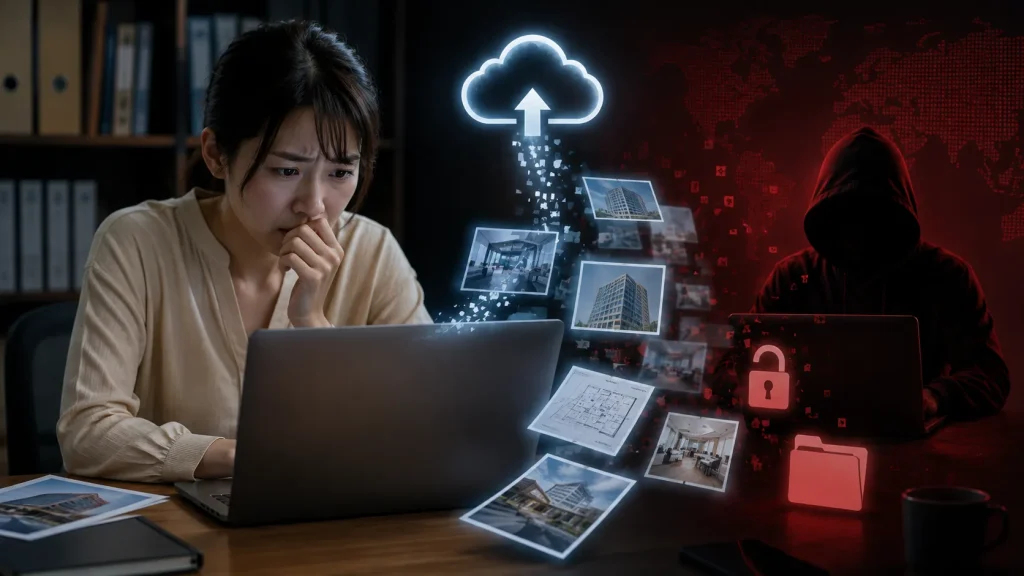 無料の高画質化サイトに機密性の高い画像をアップロードする際の情報漏洩リスクのイメージ