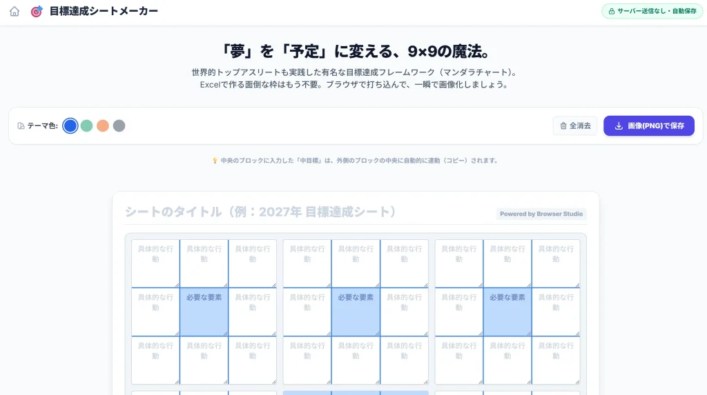 爆速・目標達成シートメーカーのシンプルで使いやすい操作画面