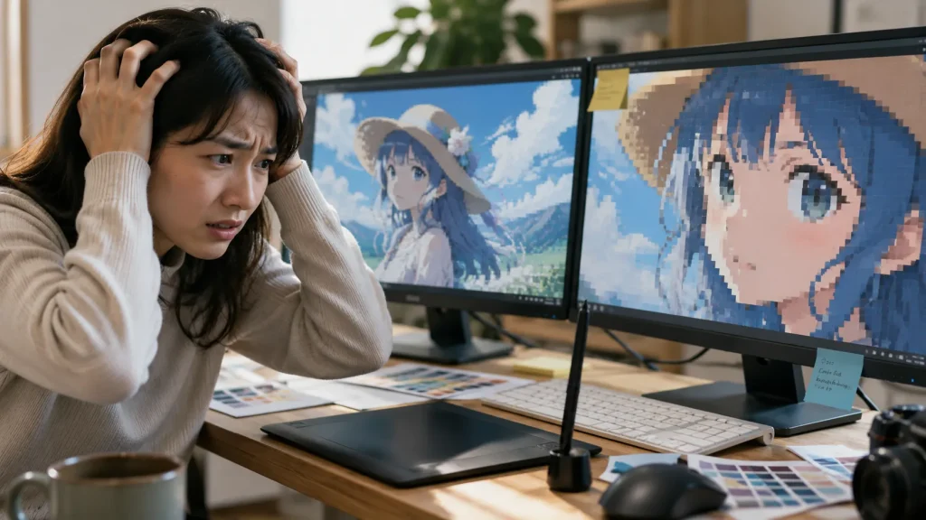 生成したAIイラストを拡大して画質の粗さに悩むクリエイター