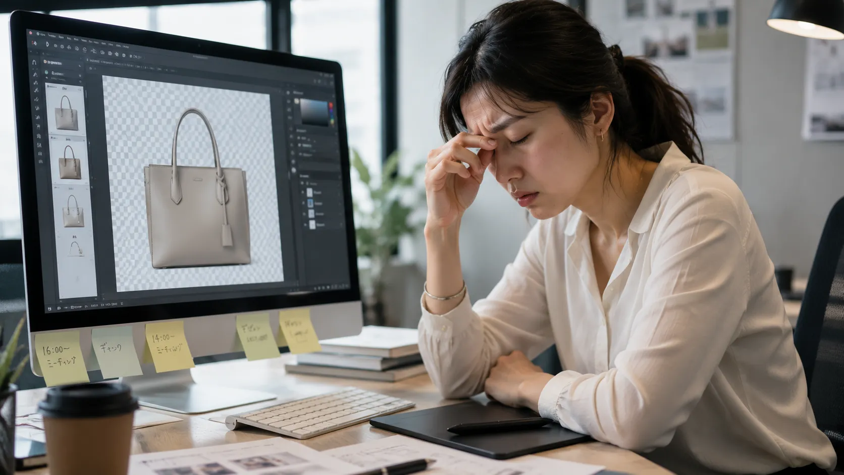 画像の背景を切り抜く作業に時間がかかって疲弊しているデザイナーの様子