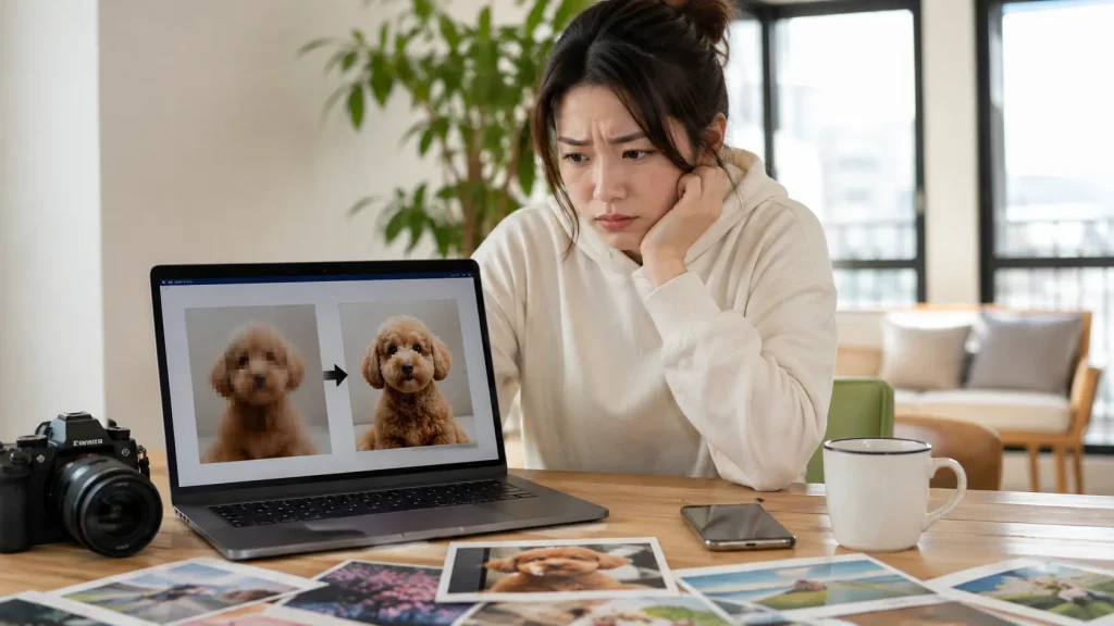 解像度が低くて粗い画像をどうにかして高画質化したいと悩んでいる人の様子