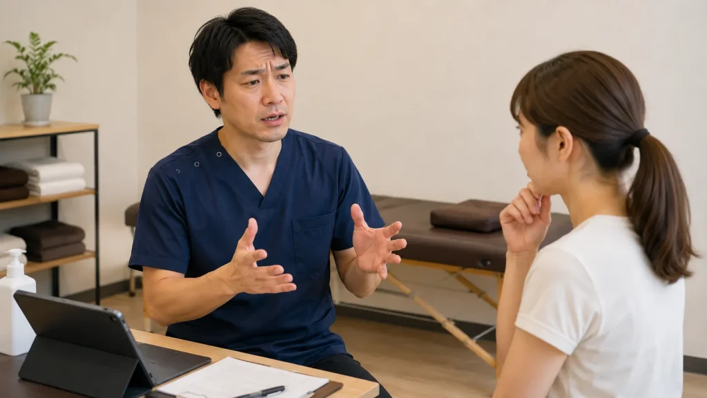 言葉だけの説明では患者様に姿勢の歪みが伝わらず、カウンセリングで苦戦している施術家の様子
