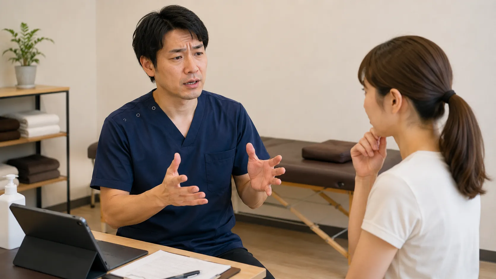 言葉だけの説明では患者様に姿勢の歪みが伝わらず、カウンセリングで苦戦している施術家の様子