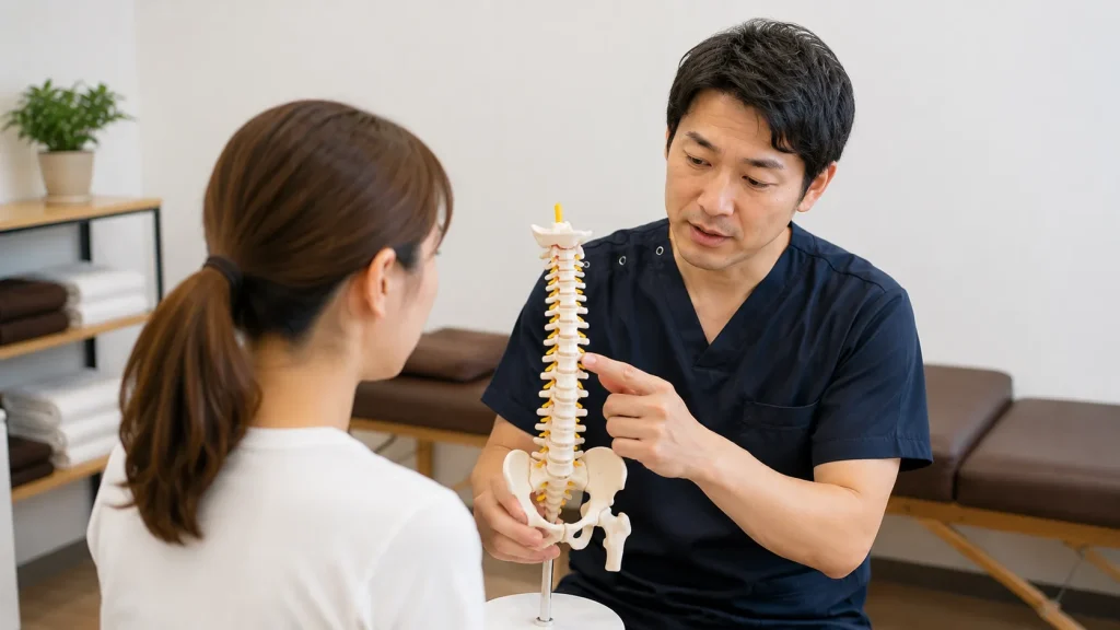 言葉だけの説明や、骨格模型を使った一般的な問診風景のイメージ