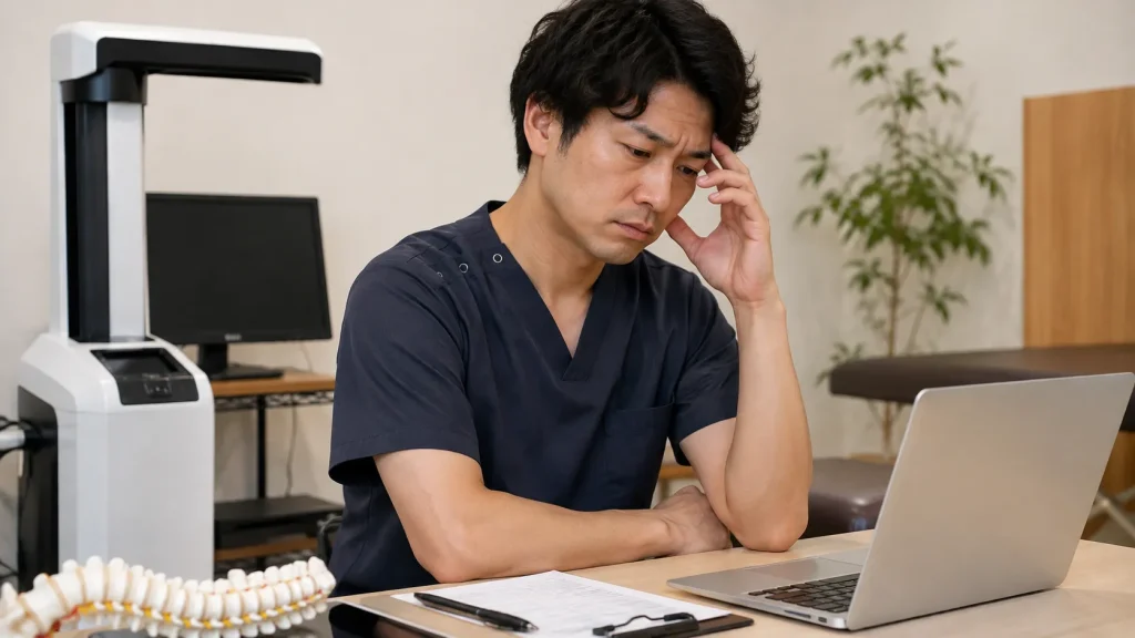 高額な姿勢分析システムの導入に悩み、患者への説明方法に困っている施術家の様子