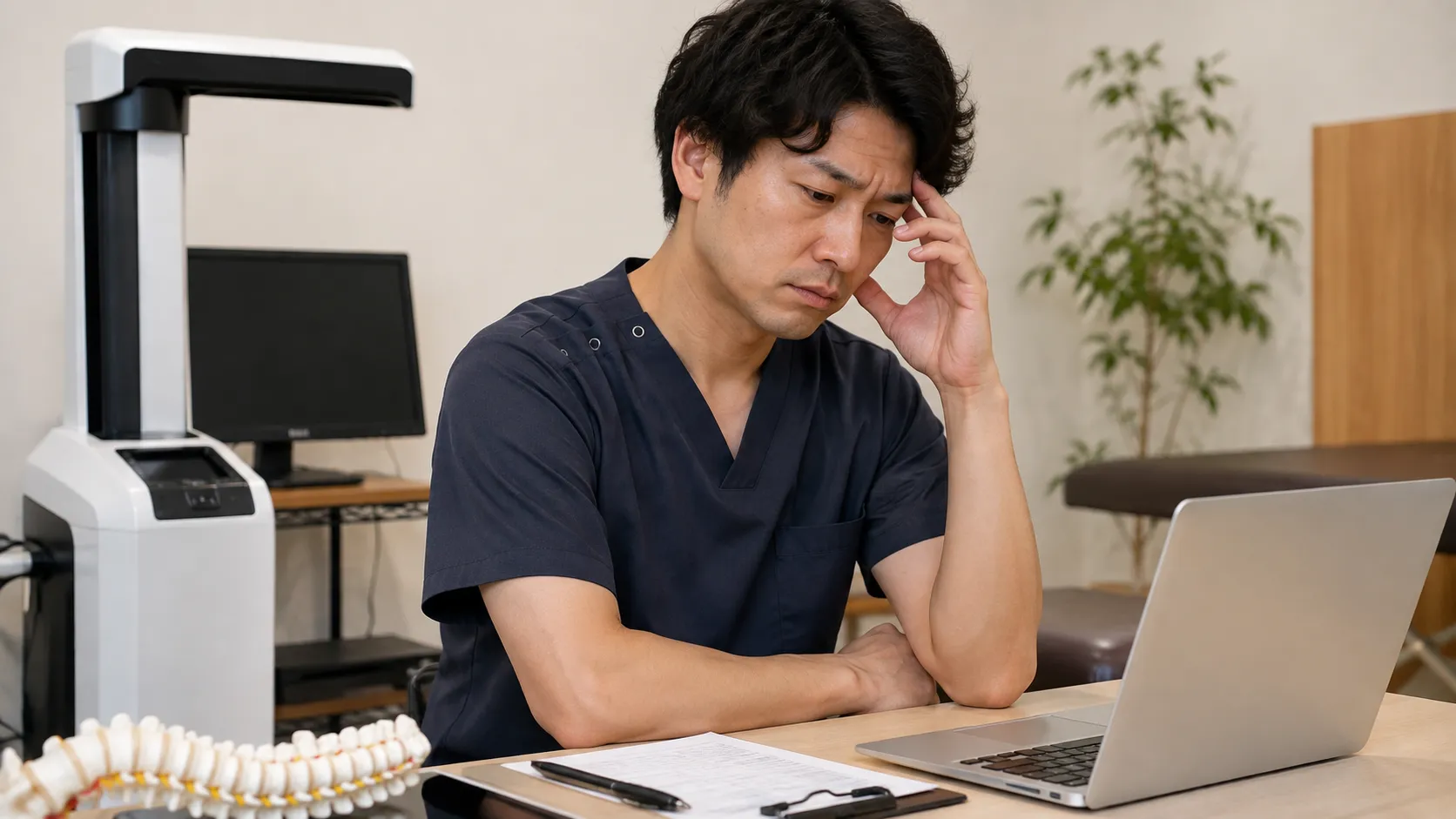 高額な姿勢分析システムの導入に悩み、患者への説明方法に困っている施術家の様子